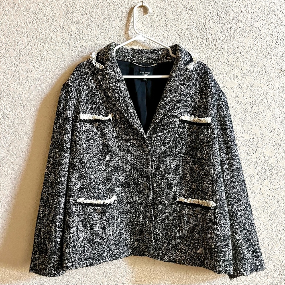 Talbots Woman Plus Sz 22W‎ Black & White Long Sleeve Woven Tweed Blazer Jacket